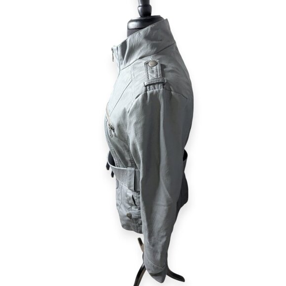 Last Kiss Faux Leather Chic Light Gray Belted Jacket Women's Size Large - Picture 5 of 14